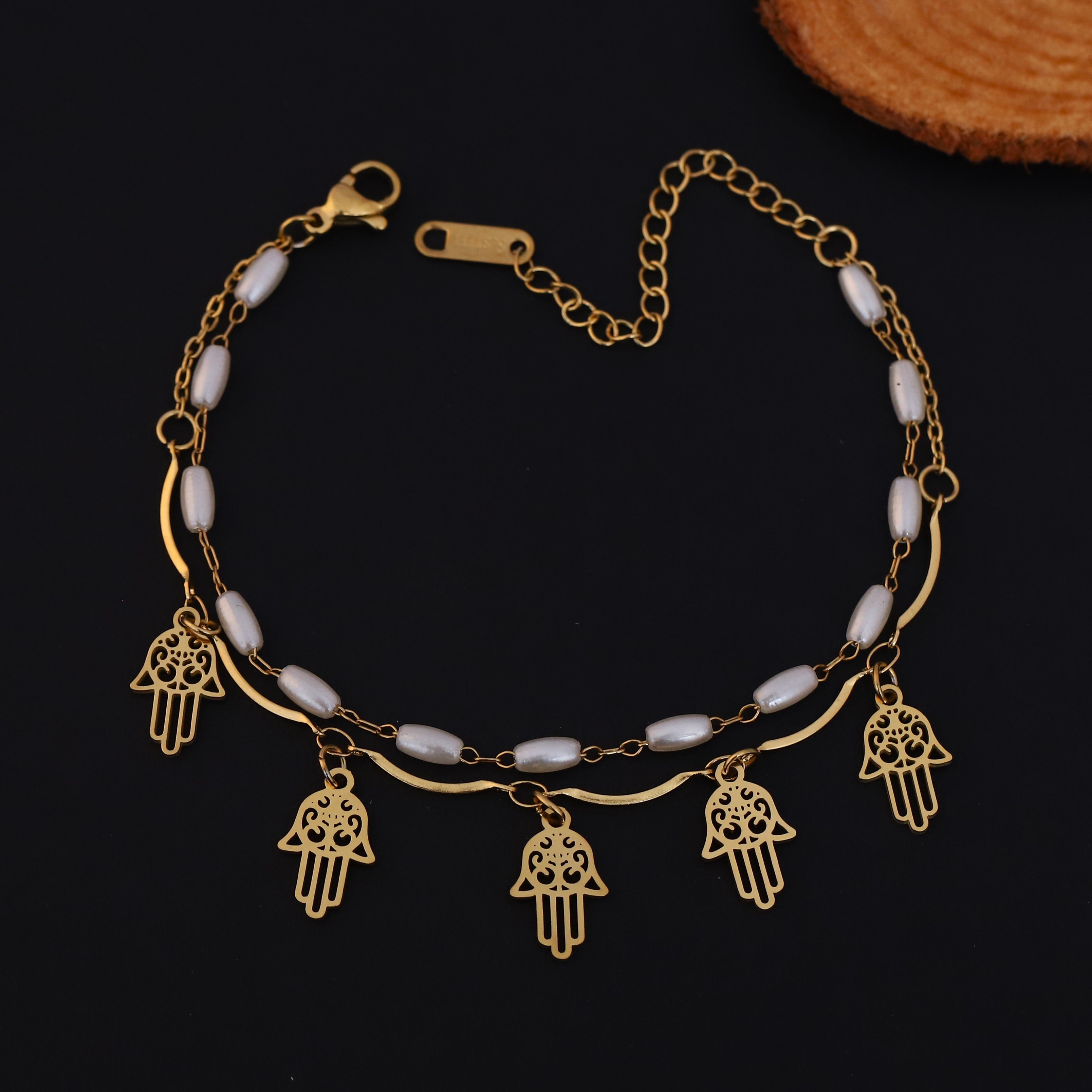 Hamza Charms & Pearl Chain Bracelet Gold Plated – Double Layer, Anti-Tarnish, Waterproof, Minimalist Style (GOLD)