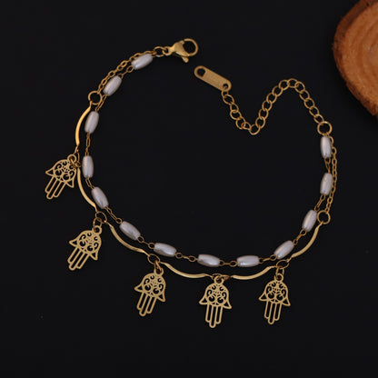 Hamza Charms & Pearl Chain Bracelet Gold Plated – Double Layer, Anti-Tarnish, Waterproof, Minimalist Style (GOLD)