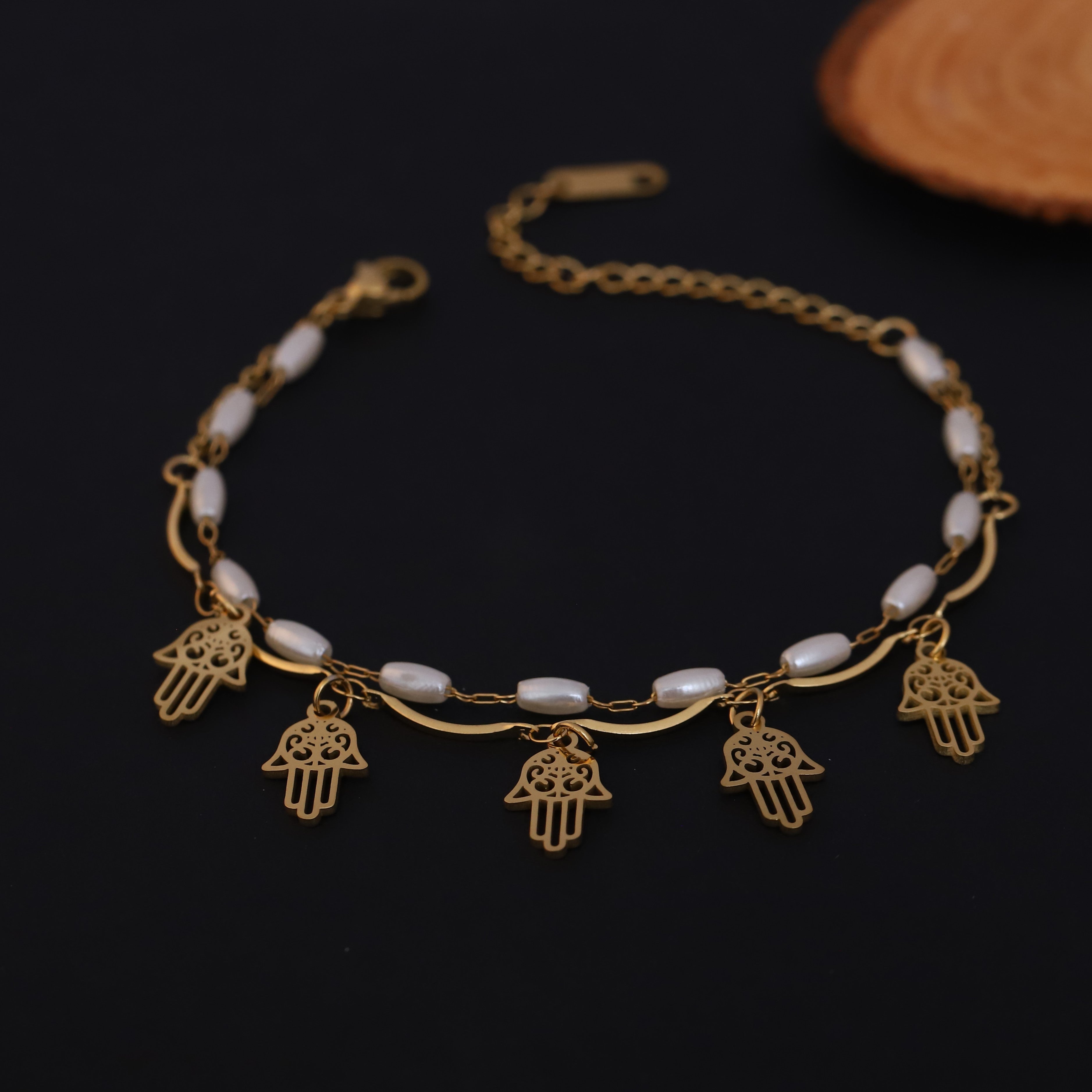 Hamza Charms & Pearl Chain Bracelet Gold Plated – Double Layer, Anti-Tarnish, Waterproof, Minimalist Style (GOLD)