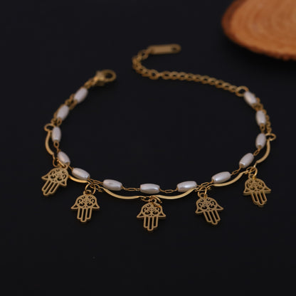 Hamza Charms & Pearl Chain Bracelet Gold Plated – Double Layer, Anti-Tarnish, Waterproof, Minimalist Style (GOLD)