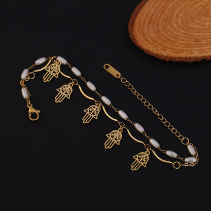 Hamza Charms & Pearl Chain Bracelet Gold Plated – Double Layer, Anti-Tarnish, Waterproof, Minimalist Style (GOLD)