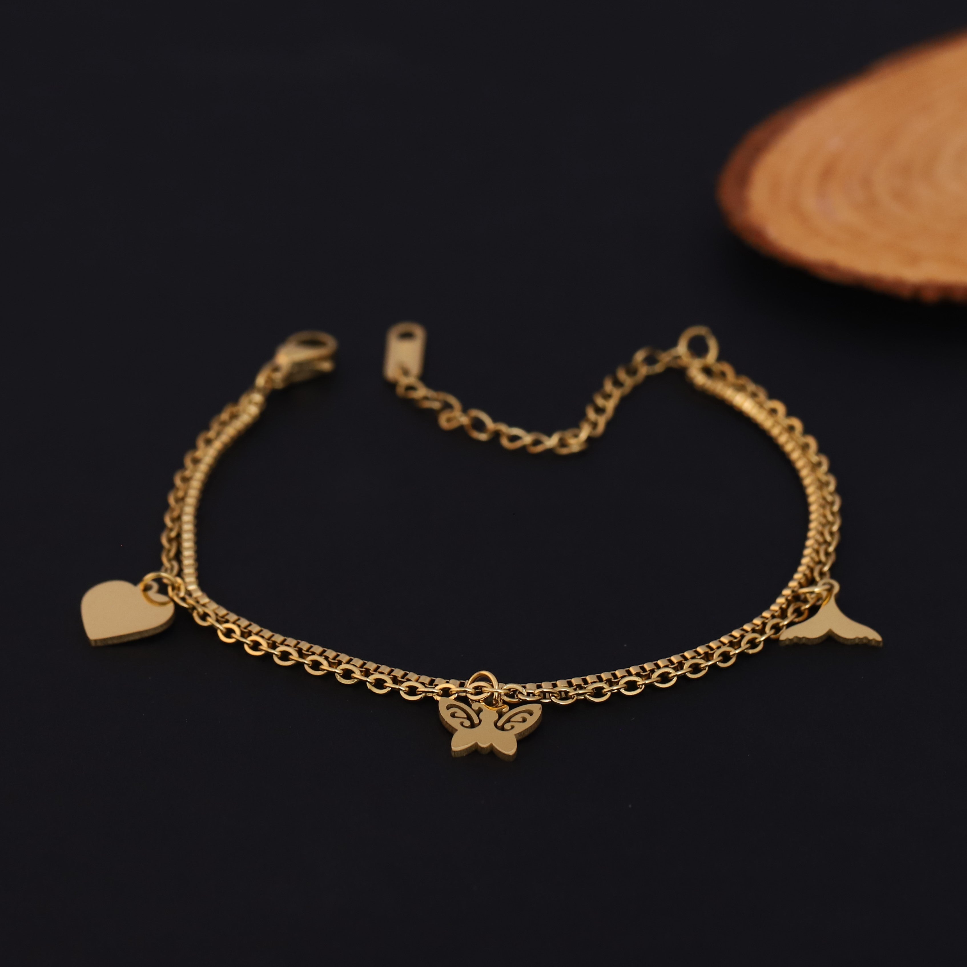 Butterfly & Heart Charms & Pearl Chain Bracelet Gold Plated – Double Layer, Anti-Tarnish, Waterproof, Minimalist Style (GOLD)
