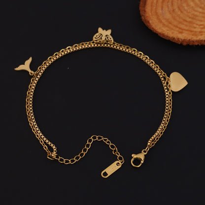 Butterfly & Heart Charms & Pearl Chain Bracelet Gold Plated – Double Layer, Anti-Tarnish, Waterproof, Minimalist Style (GOLD)