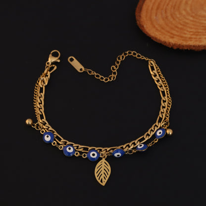 Leaf & Evil Eye Chain Bracelet Gold Plated – Double Layer, Anti-Tarnish, Waterproof(GOLD)