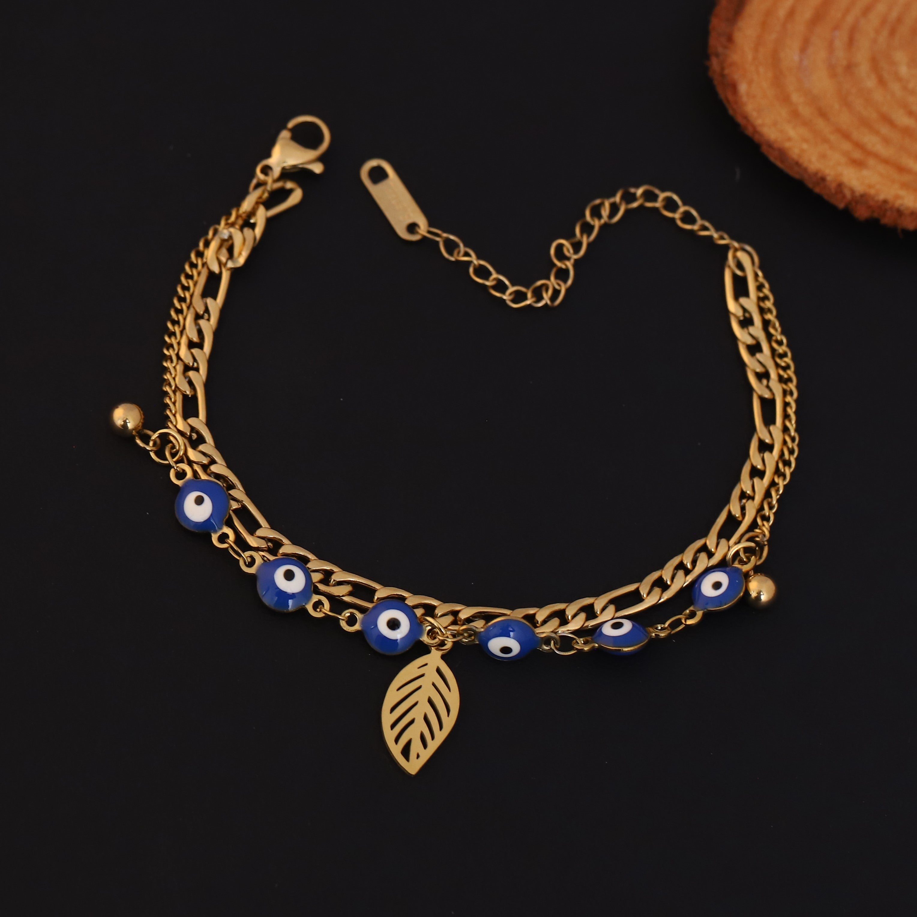 Leaf & Evil Eye Chain Bracelet Gold Plated – Double Layer, Anti-Tarnish, Waterproof(GOLD)