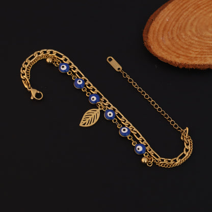 Leaf & Evil Eye Chain Bracelet Gold Plated – Double Layer, Anti-Tarnish, Waterproof(GOLD)