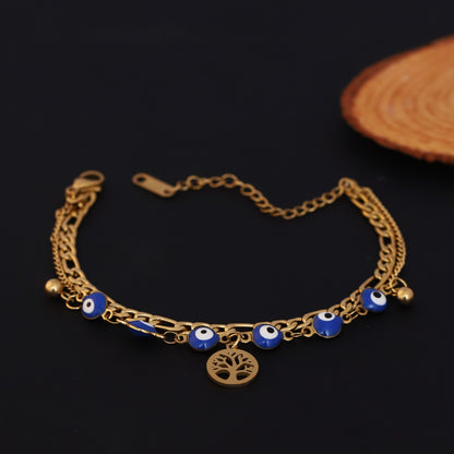 Life Tree & Evil Eye Chain Bracelet Gold Plated – Double Layer, Anti-Tarnish, Waterproof(GOLD)
