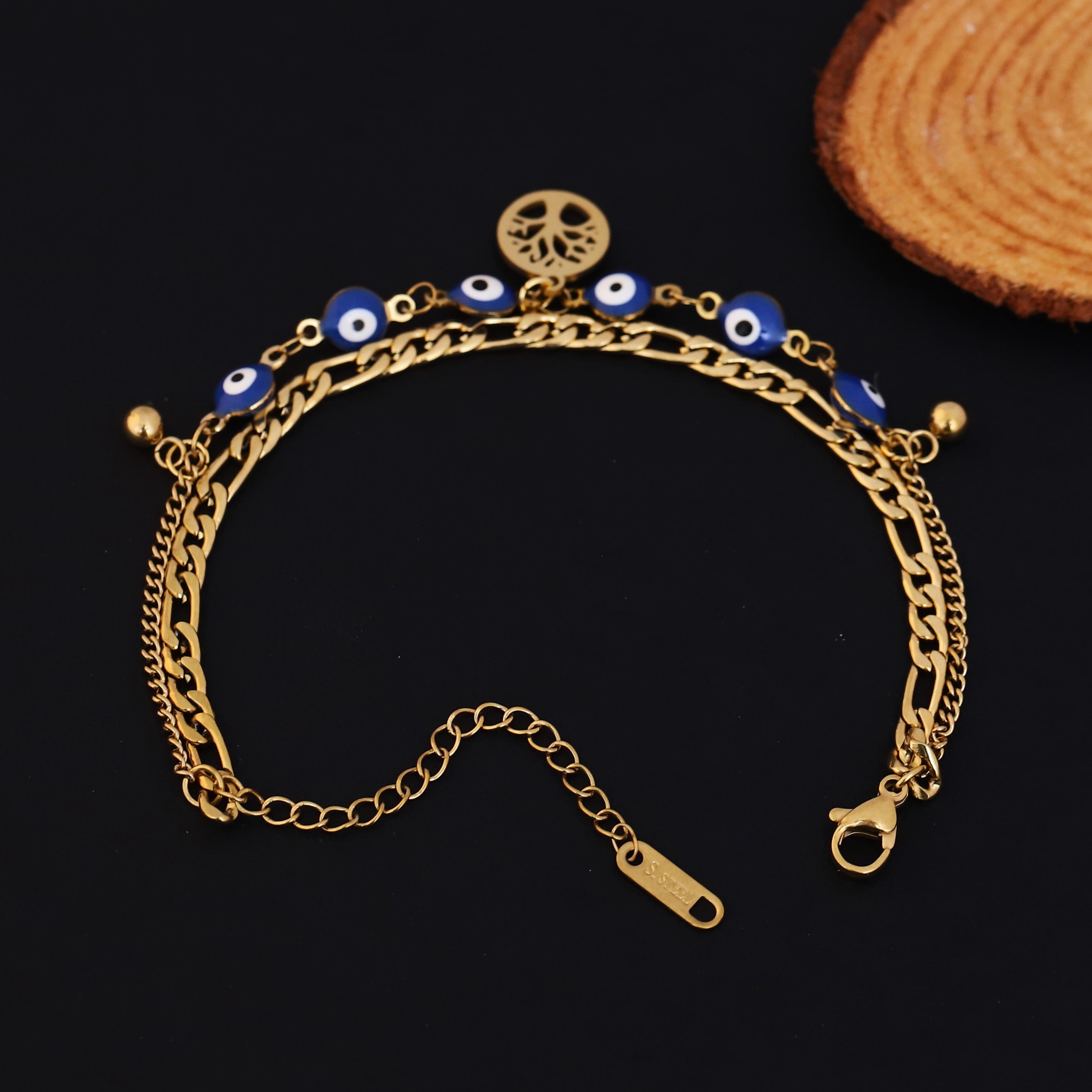Life Tree & Evil Eye Chain Bracelet Gold Plated – Double Layer, Anti-Tarnish, Waterproof(GOLD)