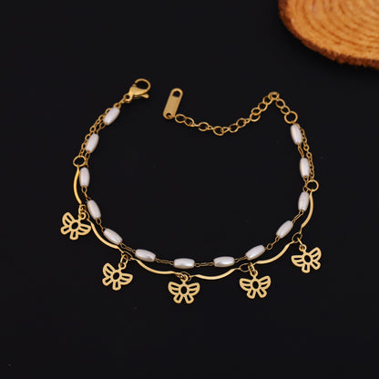 Butterfly Charm & Pearl Chain Bracelet Gold Plated – Double Layer, Anti-Tarnish, Waterproof, Minimalist Style (GOLD)