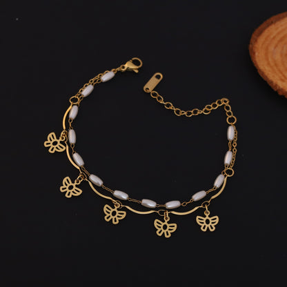Butterfly Charm & Pearl Chain Bracelet Gold Plated – Double Layer, Anti-Tarnish, Waterproof, Minimalist Style (GOLD)