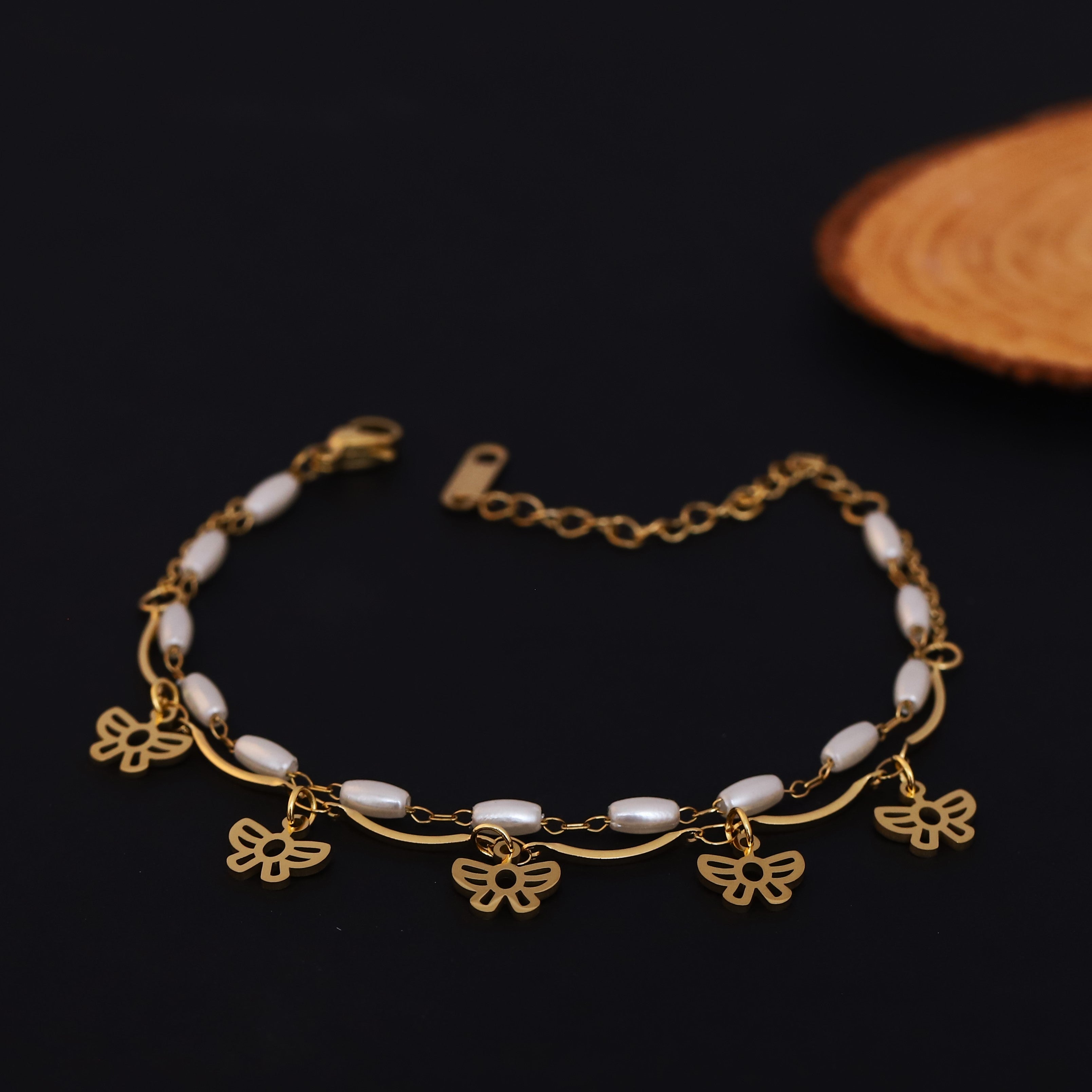 Butterfly Charm & Pearl Chain Bracelet Gold Plated – Double Layer, Anti-Tarnish, Waterproof, Minimalist Style (GOLD)