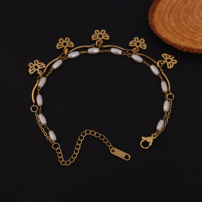 Butterfly Charm & Pearl Chain Bracelet Gold Plated – Double Layer, Anti-Tarnish, Waterproof, Minimalist Style (GOLD)
