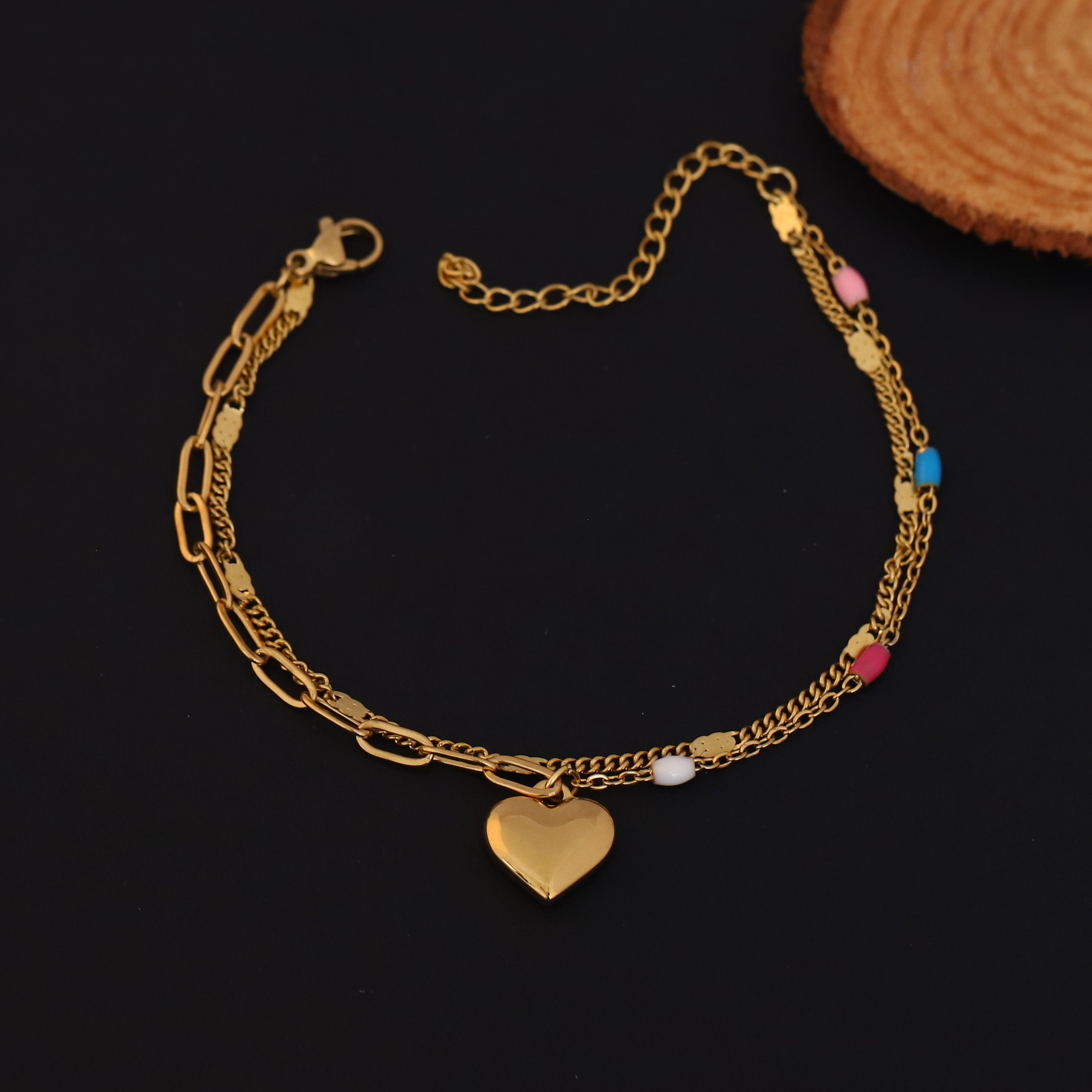 Heart Charm Chain Bracelet Gold Plated – Double Layer, Anti-Tarnish, Waterproof(GOLD)
