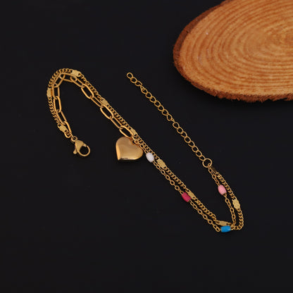 Heart Charm Chain Bracelet Gold Plated – Double Layer, Anti-Tarnish, Waterproof(GOLD)