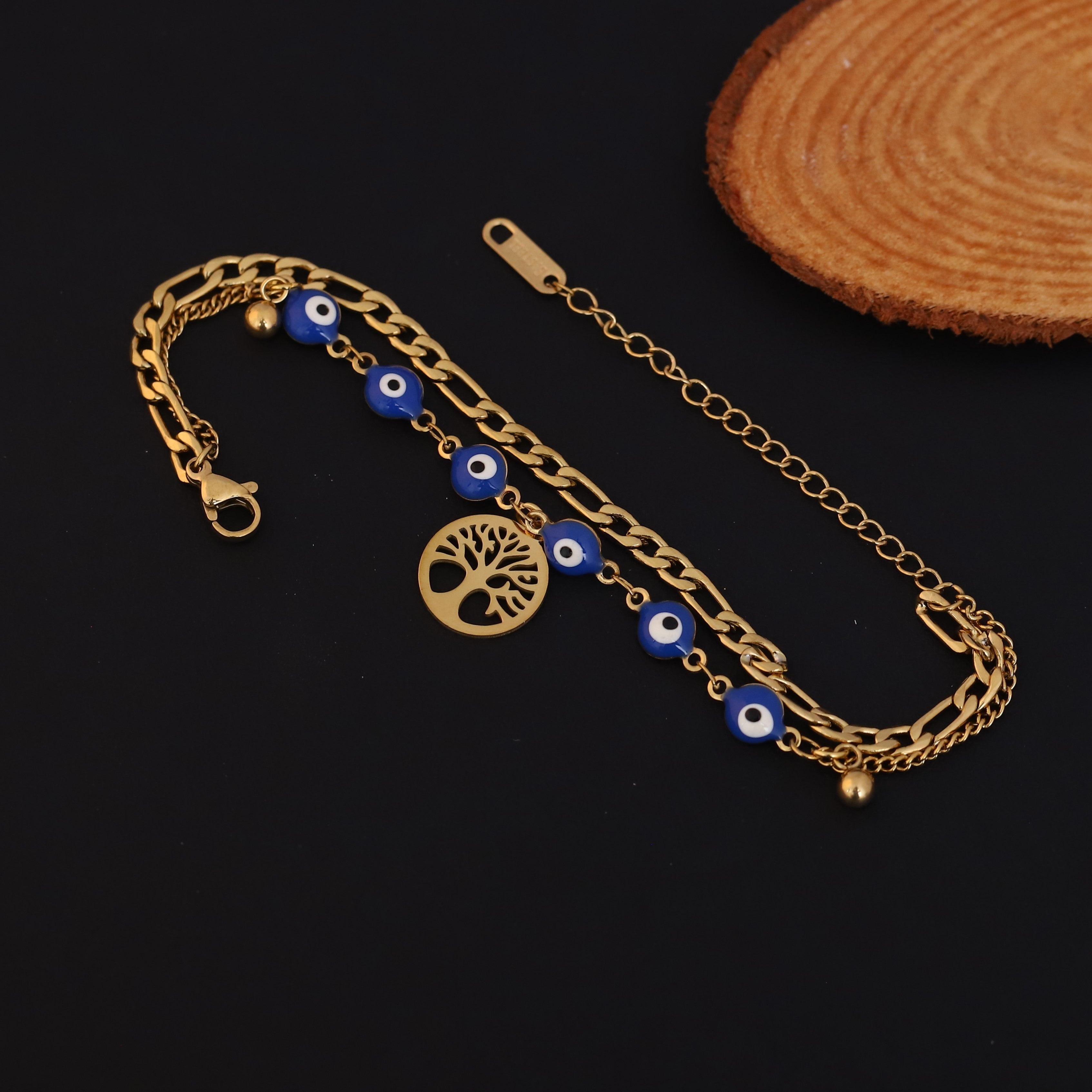 Life Tree & Evil Eye Chain Bracelet Gold Plated – Double Layer, Anti-Tarnish, Waterproof(GOLD)