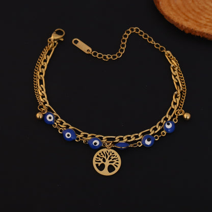 Life Tree & Evil Eye Chain Bracelet Gold Plated – Double Layer, Anti-Tarnish, Waterproof(GOLD)