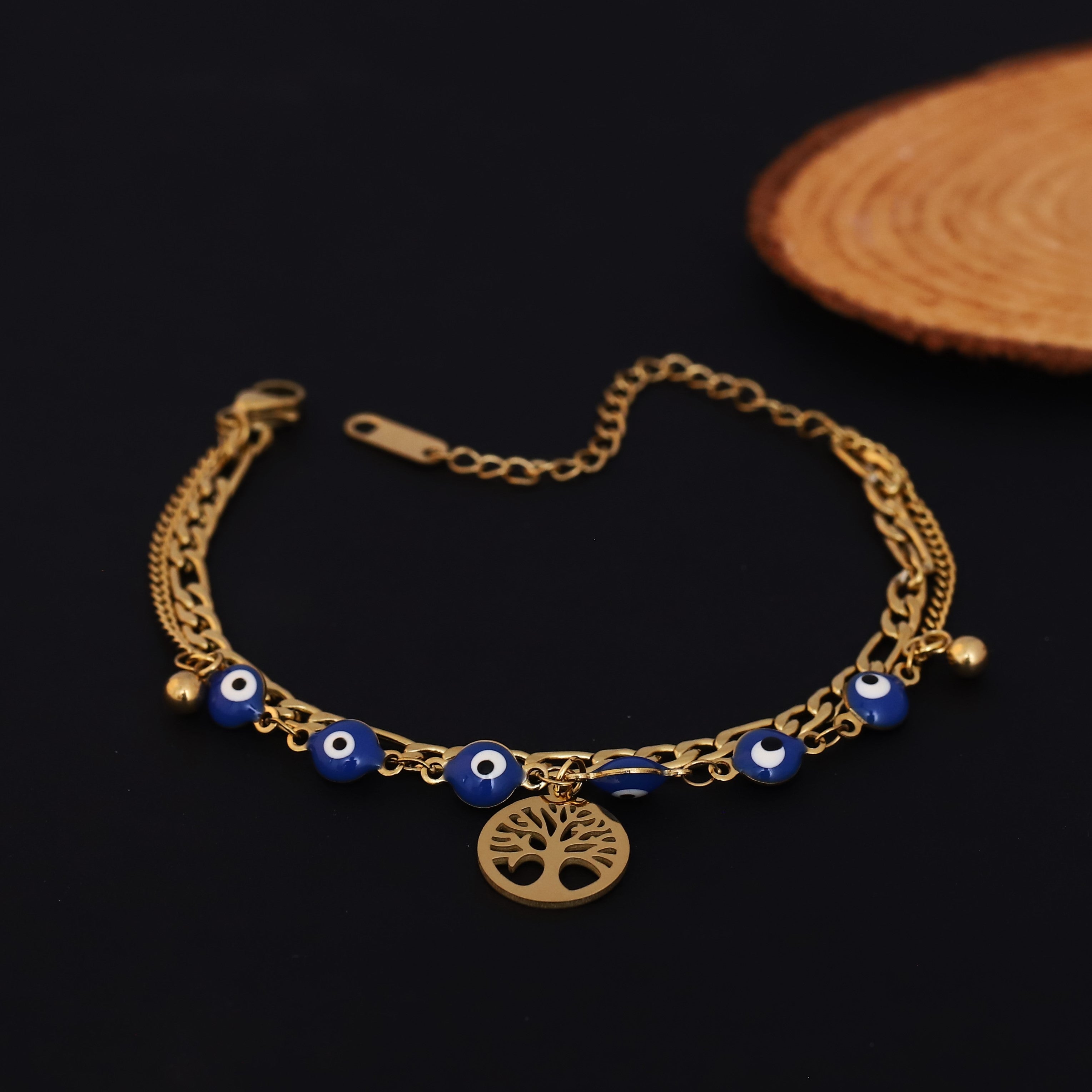 Life Tree & Evil Eye Chain Bracelet Gold Plated – Double Layer, Anti-Tarnish, Waterproof(GOLD)