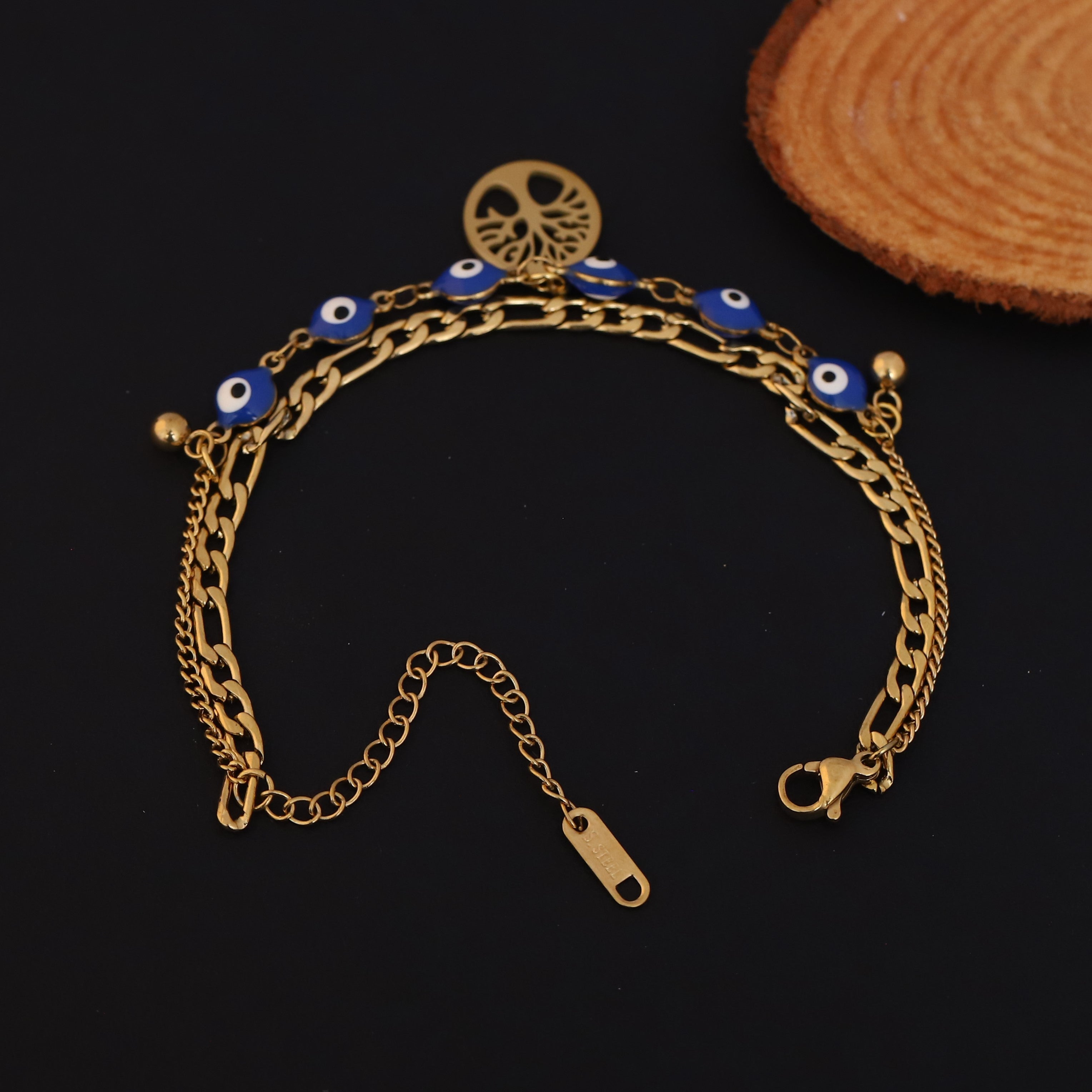 Life Tree & Evil Eye Chain Bracelet Gold Plated – Double Layer, Anti-Tarnish, Waterproof(GOLD)