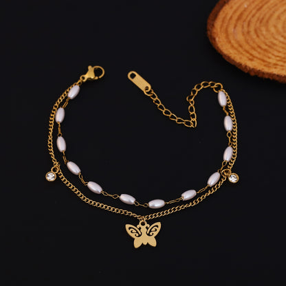 Butterfly Charm & Pearl Chain Bracelet Gold Plated – Double Layer, Anti-Tarnish, Waterproof, Minimalist Style (GOLD)