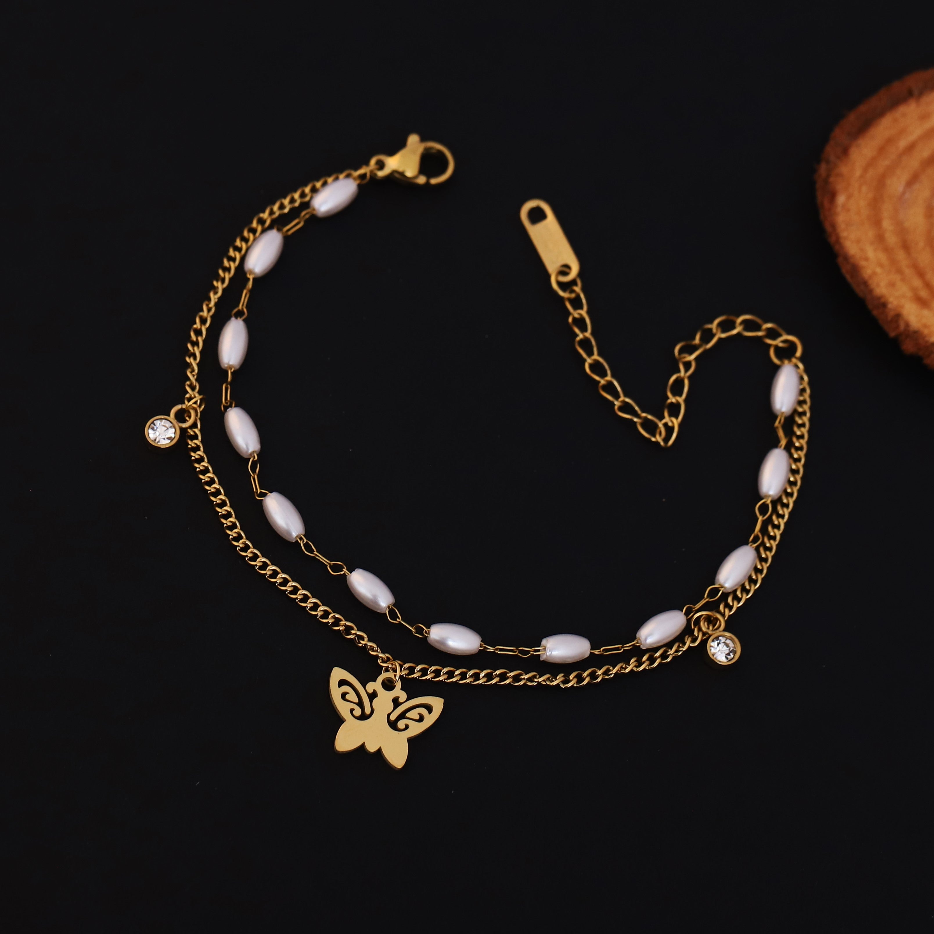 Butterfly Charm & Pearl Chain Bracelet Gold Plated – Double Layer, Anti-Tarnish, Waterproof, Minimalist Style (GOLD)