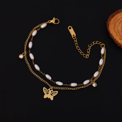 Butterfly Charm & Pearl Chain Bracelet Gold Plated – Double Layer, Anti-Tarnish, Waterproof, Minimalist Style (GOLD)