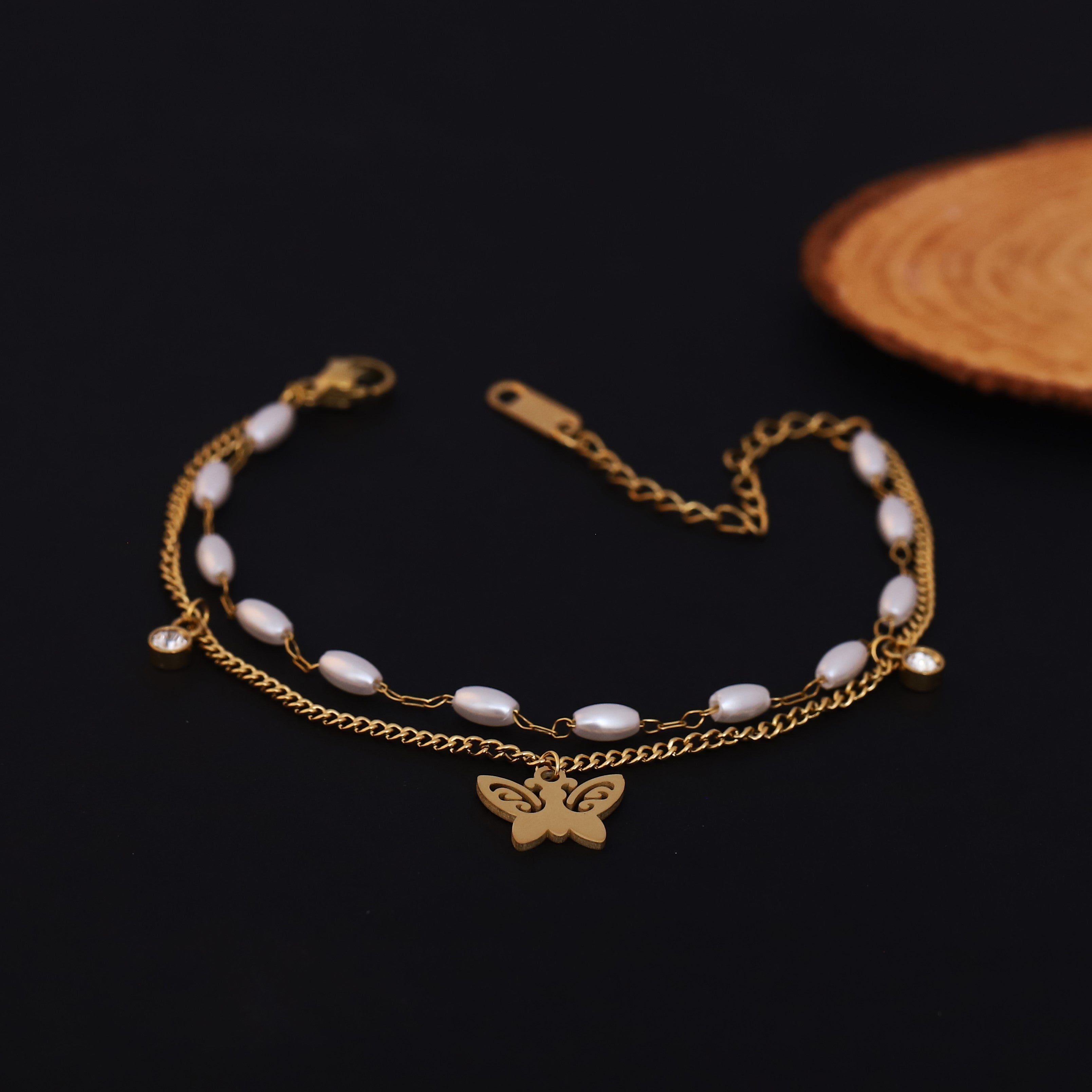 Butterfly Charm & Pearl Chain Bracelet Gold Plated – Double Layer, Anti-Tarnish, Waterproof, Minimalist Style (GOLD)