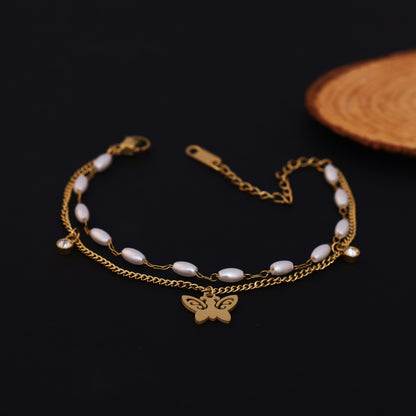 Butterfly Charm & Pearl Chain Bracelet Gold Plated – Double Layer, Anti-Tarnish, Waterproof, Minimalist Style (GOLD)