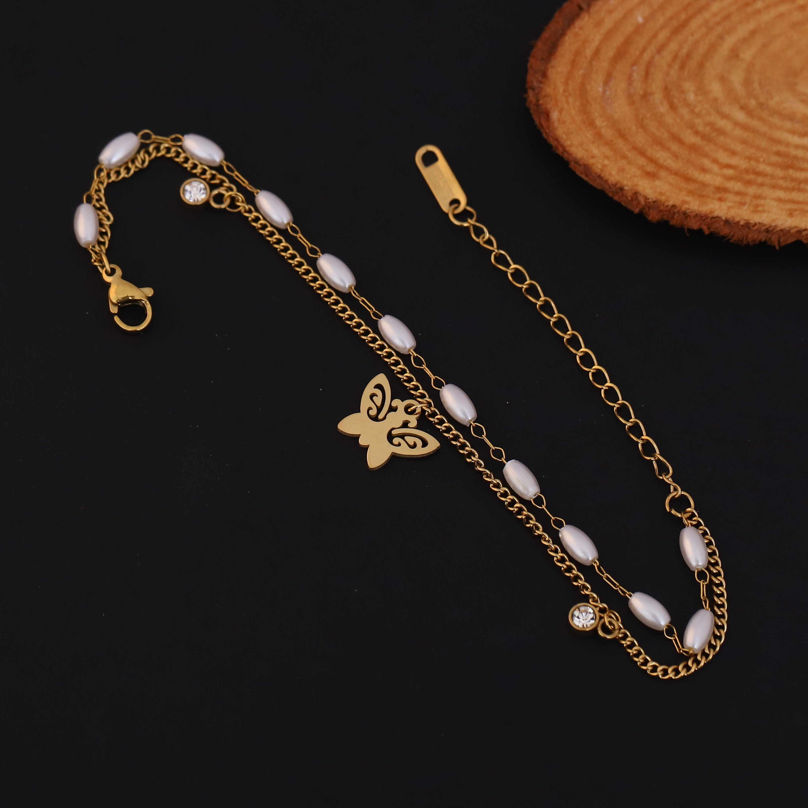Butterfly Charm & Pearl Chain Bracelet Gold Plated – Double Layer, Anti-Tarnish, Waterproof, Minimalist Style (GOLD)