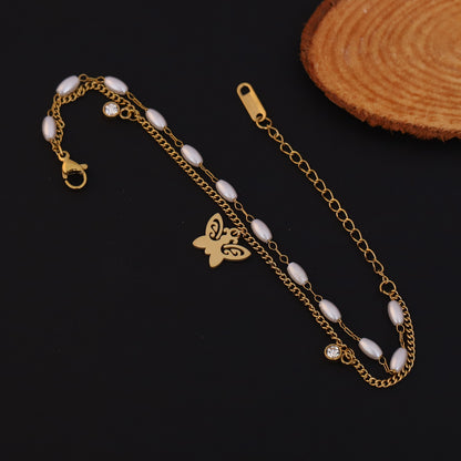 Butterfly Charm & Pearl Chain Bracelet Gold Plated – Double Layer, Anti-Tarnish, Waterproof, Minimalist Style (GOLD)
