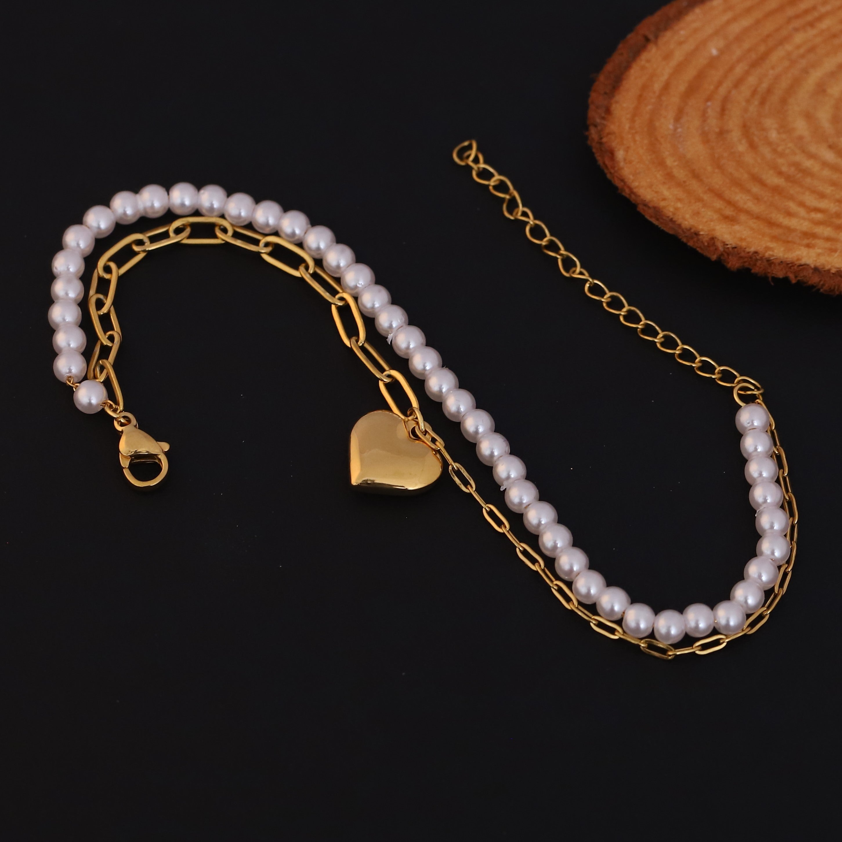 Heart Charm & Pearl Chain Bracelet Gold Plated – Double Layer, Anti-Tarnish, Waterproof, Minimalist Style (GOLD)