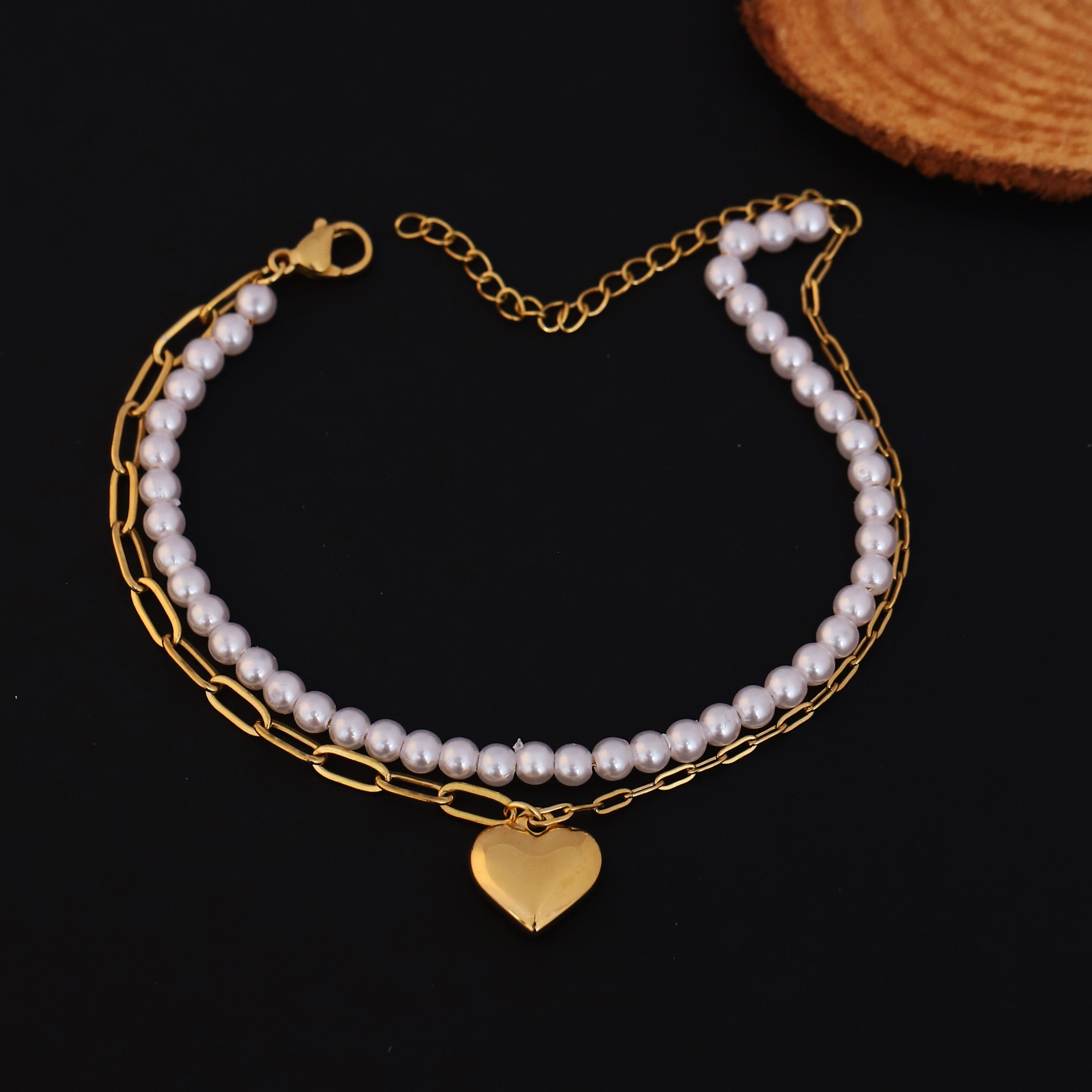 Heart Charm & Pearl Chain Bracelet Gold Plated – Double Layer, Anti-Tarnish, Waterproof, Minimalist Style (GOLD)