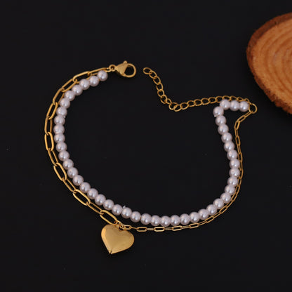 Heart Charm & Pearl Chain Bracelet Gold Plated – Double Layer, Anti-Tarnish, Waterproof, Minimalist Style (GOLD)