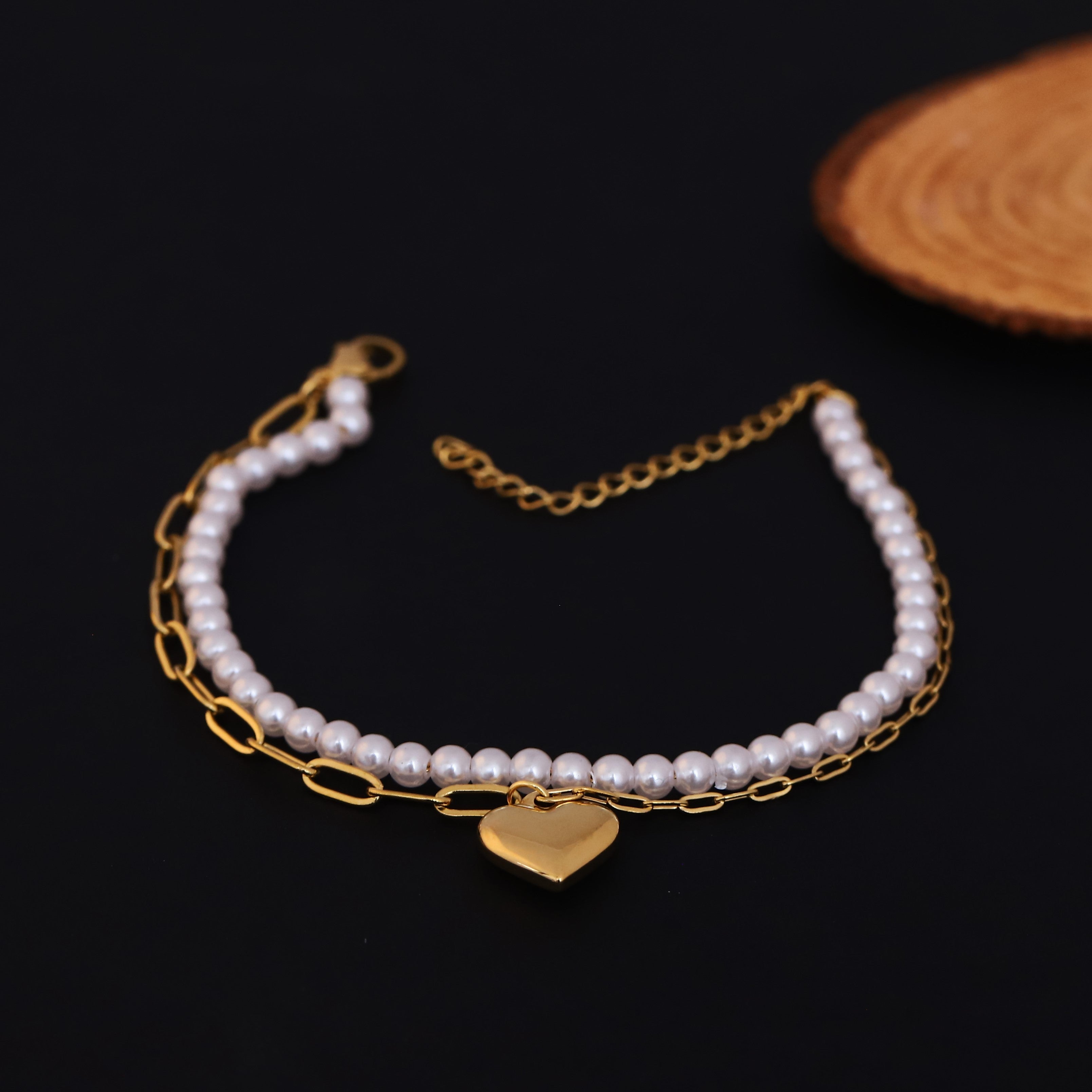 Heart Charm & Pearl Chain Bracelet Gold Plated – Double Layer, Anti-Tarnish, Waterproof, Minimalist Style (GOLD)