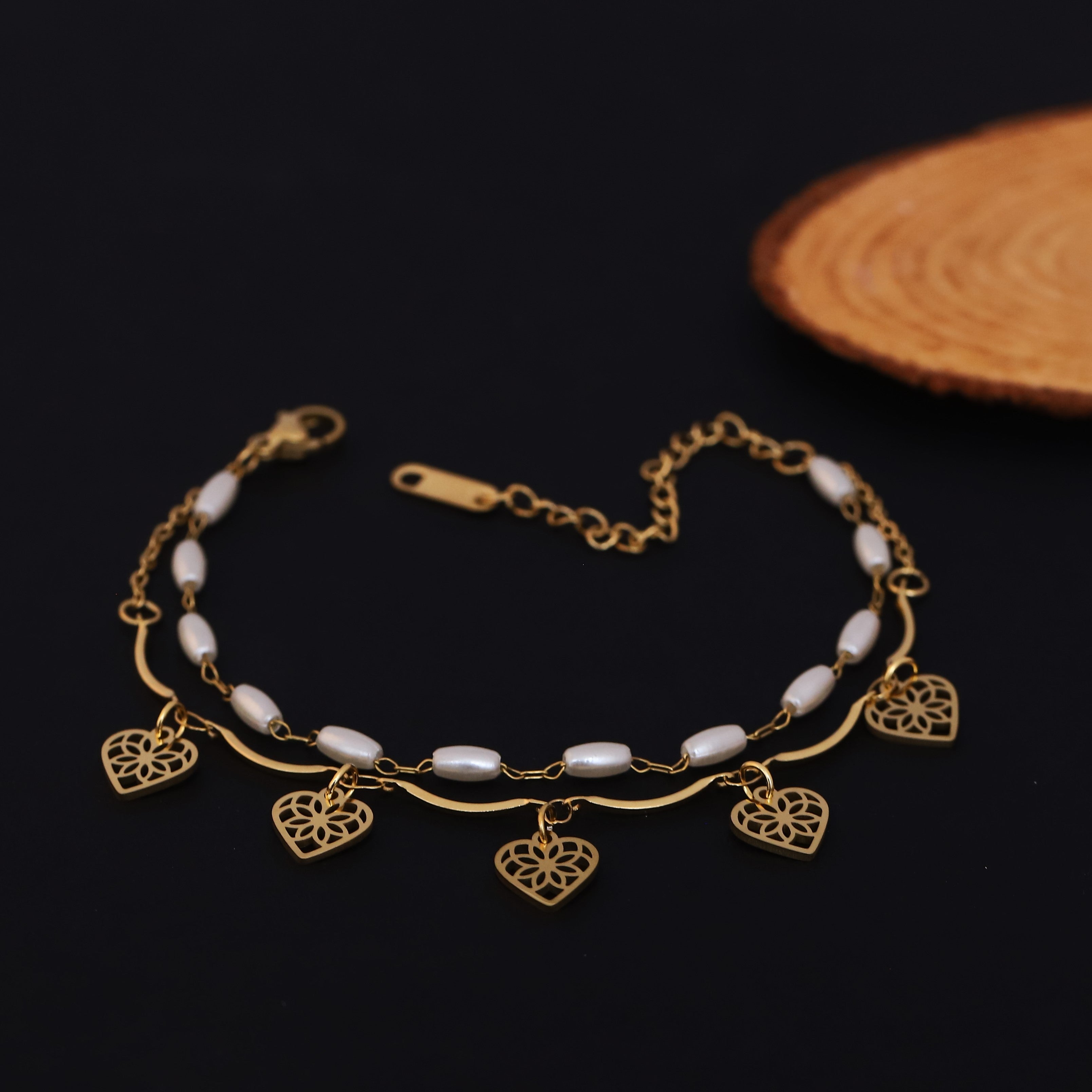 Heart Charm & Pearl Chain Bracelet Gold Plated – Double Layer, Anti-Tarnish, Waterproof, Minimalist Style (GOLD)