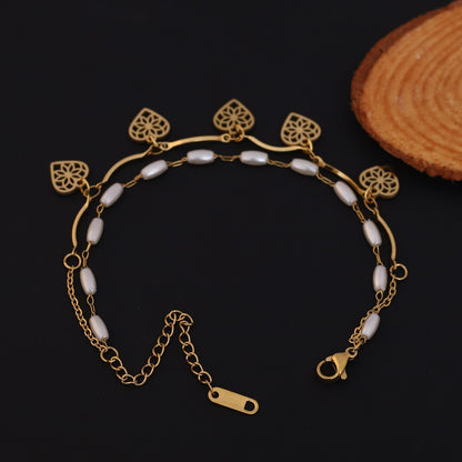 Heart Charm & Pearl Chain Bracelet Gold Plated – Double Layer, Anti-Tarnish, Waterproof, Minimalist Style (GOLD)