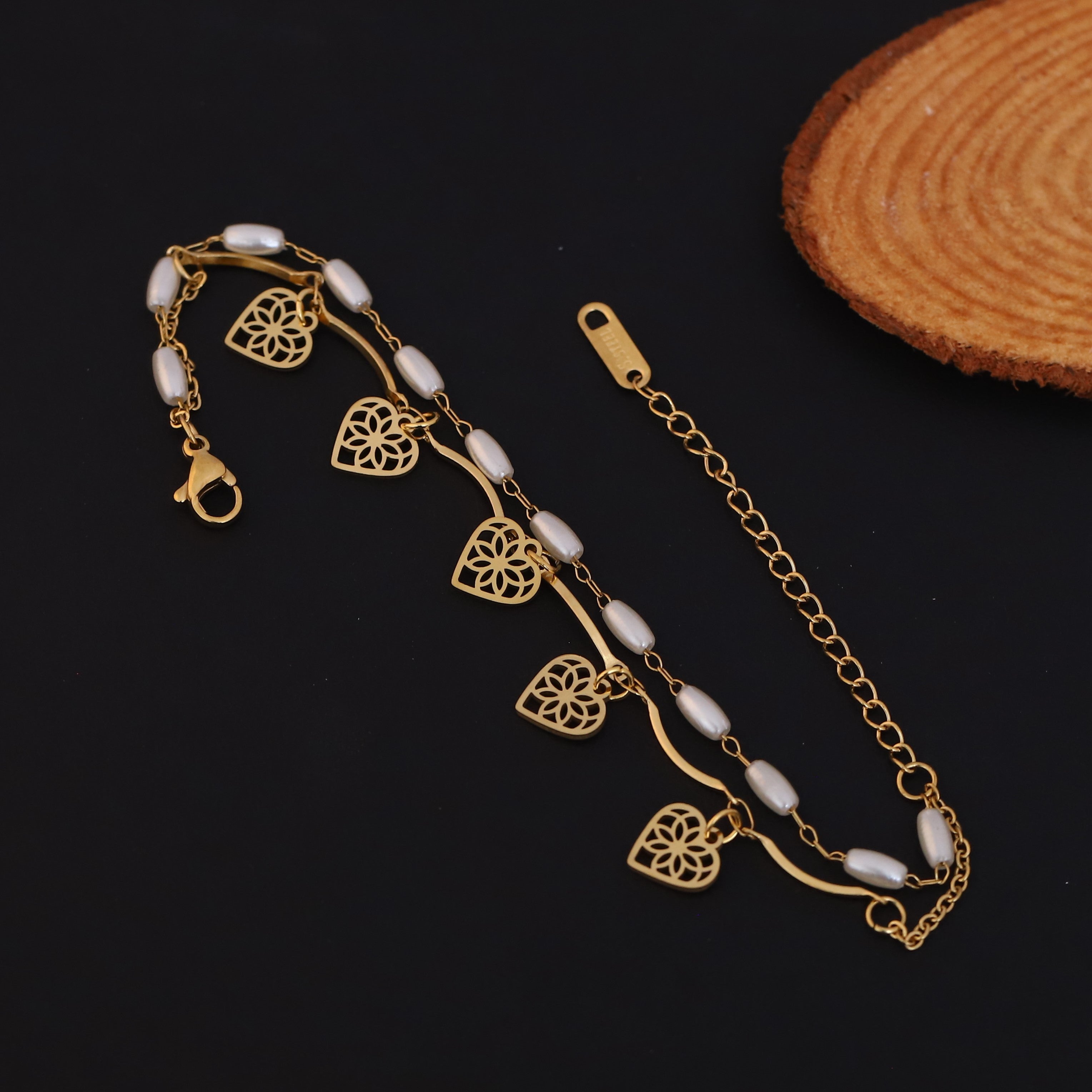 Heart Charm & Pearl Chain Bracelet Gold Plated – Double Layer, Anti-Tarnish, Waterproof, Minimalist Style (GOLD)
