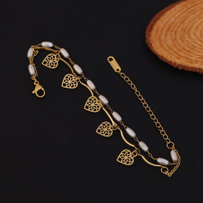 Heart Charm & Pearl Chain Bracelet Gold Plated – Double Layer, Anti-Tarnish, Waterproof, Minimalist Style (GOLD)