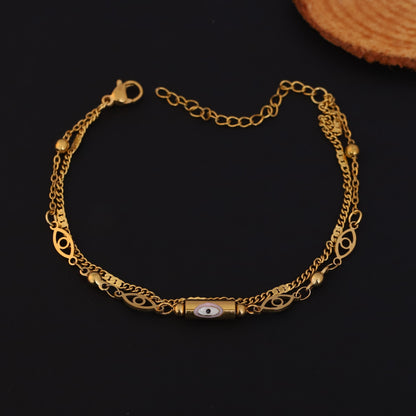 Evil Eye Charm & Pearl Chain Bracelet Gold Plated – Double Layer, Anti-Tarnish, Waterproof, Minimalist Style (GOLD)