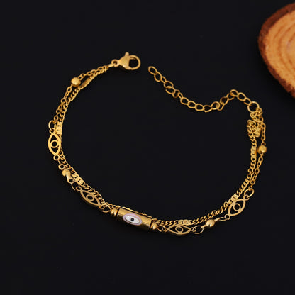 Evil Eye Charm & Pearl Chain Bracelet Gold Plated – Double Layer, Anti-Tarnish, Waterproof, Minimalist Style (GOLD)