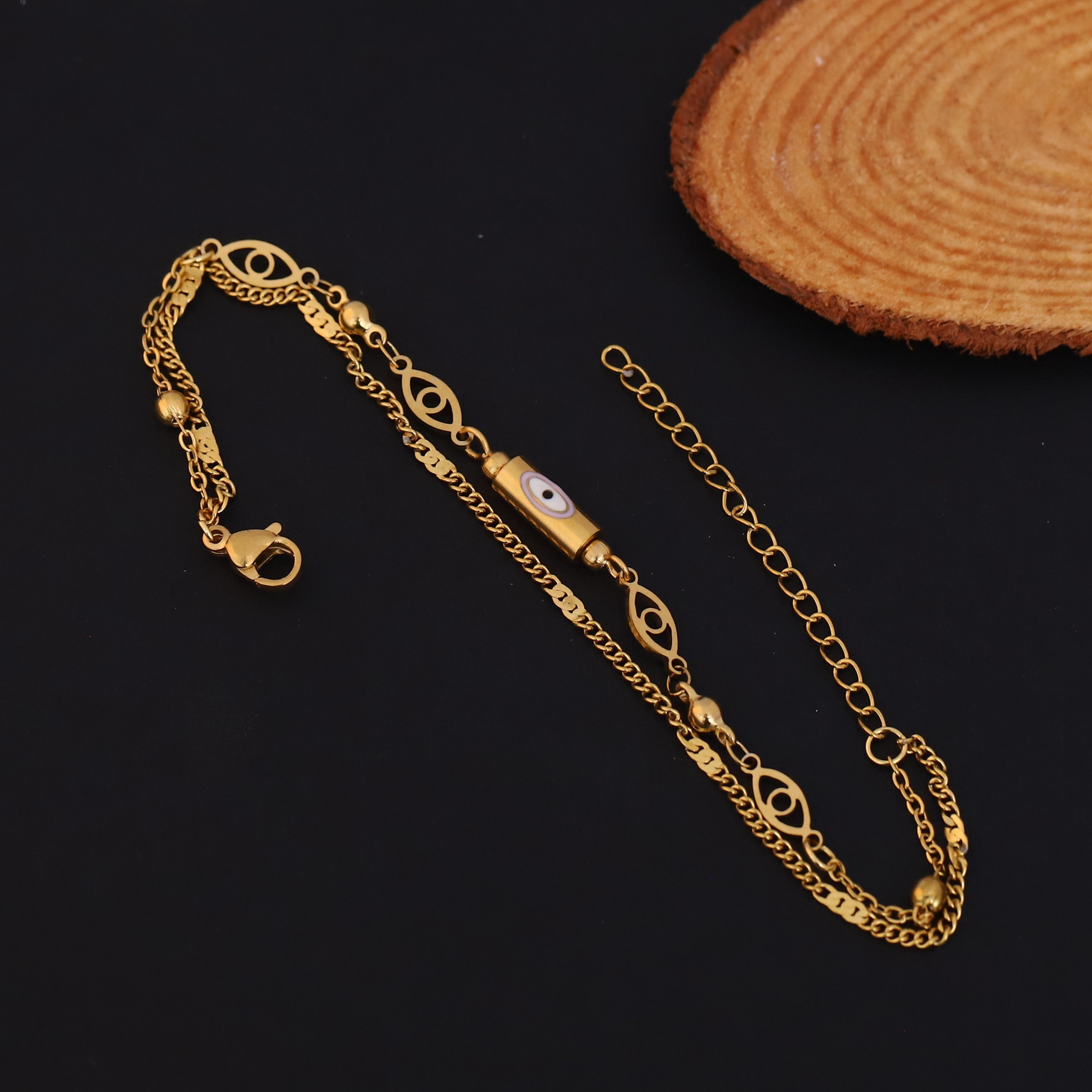 Evil Eye Charm & Pearl Chain Bracelet Gold Plated – Double Layer, Anti-Tarnish, Waterproof, Minimalist Style (GOLD)