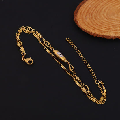 Evil Eye Charm & Pearl Chain Bracelet Gold Plated – Double Layer, Anti-Tarnish, Waterproof, Minimalist Style (GOLD)