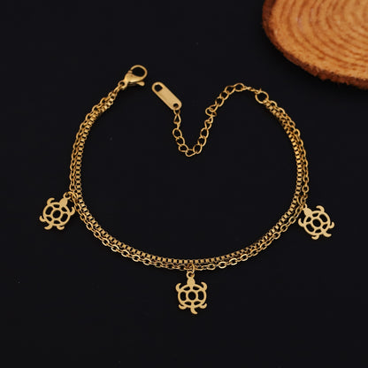 Turtle Charms Chain Bracelet Gold Plated – Double Layer, Anti-Tarnish, Waterproof, Minimalist Style (GOLD)