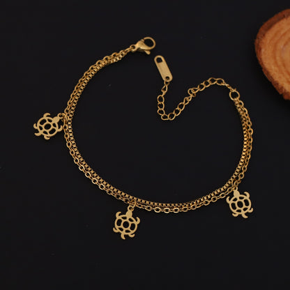 Turtle Charms Chain Bracelet Gold Plated – Double Layer, Anti-Tarnish, Waterproof, Minimalist Style (GOLD)