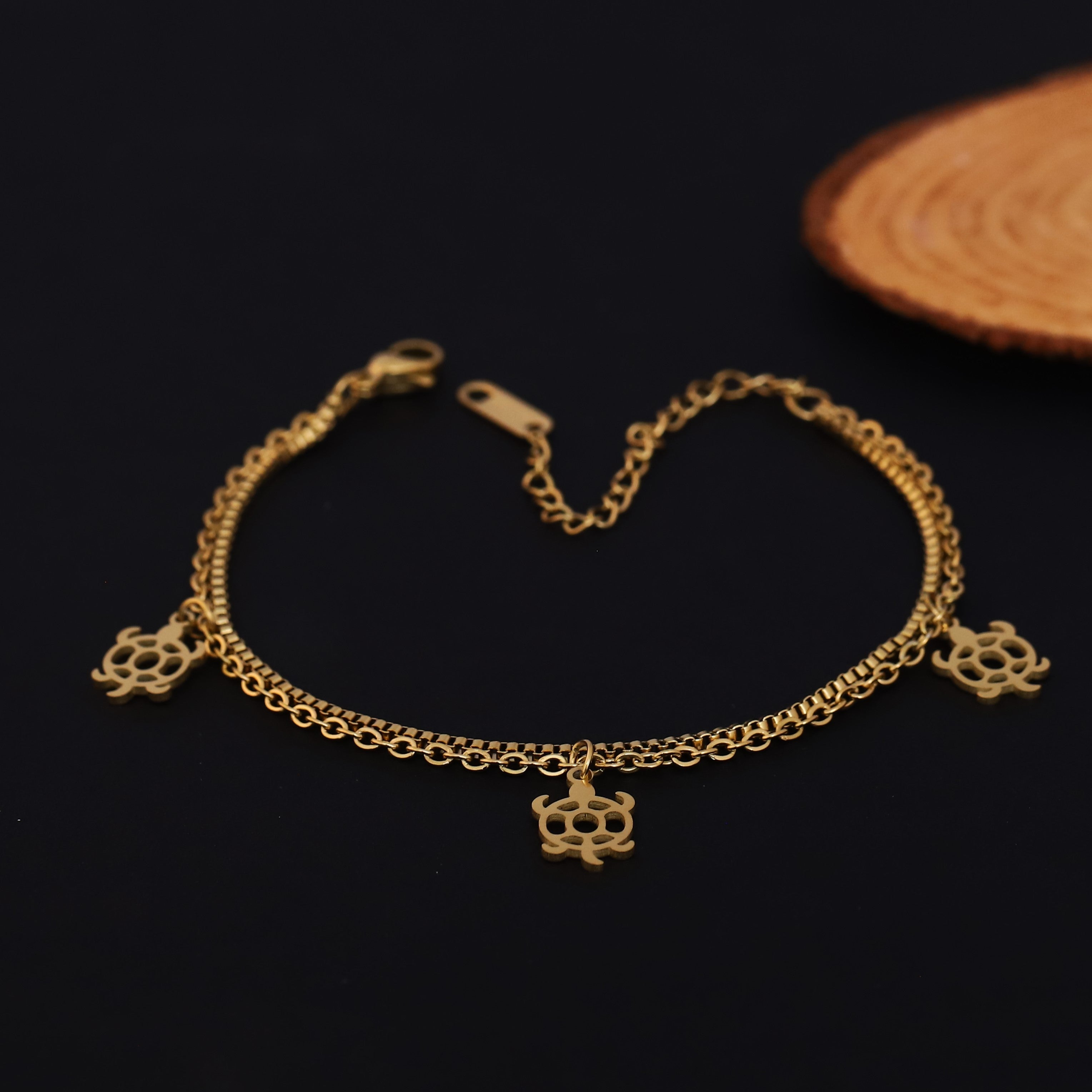 Turtle Charms Chain Bracelet Gold Plated – Double Layer, Anti-Tarnish, Waterproof, Minimalist Style (GOLD)