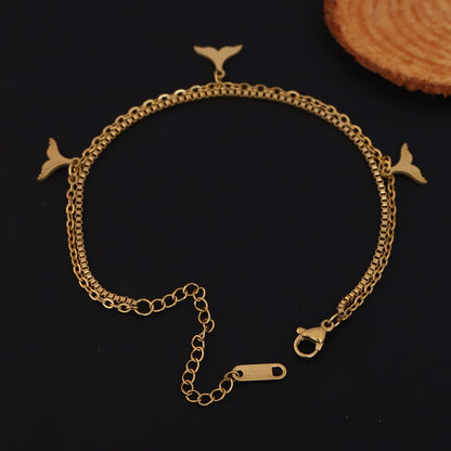 Fish Wings Charm & Pearl Chain Bracelet Gold Plated – Double Layer, Anti-Tarnish, Waterproof, Minimalist Style (GOLD)