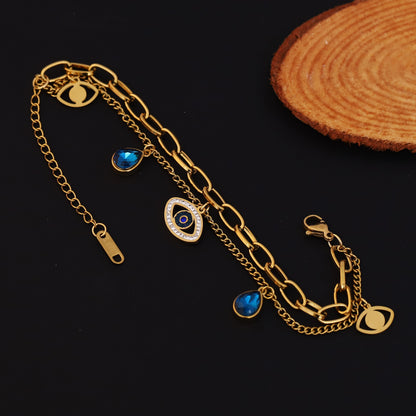 Evil Eye Chain Bracelet Gold Plated – Double Layer, Anti-Tarnish, Waterproof, Minimalist Style (GOLD)
