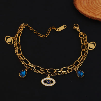 Evil Eye Chain Bracelet Gold Plated – Double Layer, Anti-Tarnish, Waterproof, Minimalist Style (GOLD)