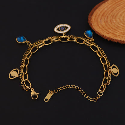 Evil Eye Chain Bracelet Gold Plated – Double Layer, Anti-Tarnish, Waterproof, Minimalist Style (GOLD)
