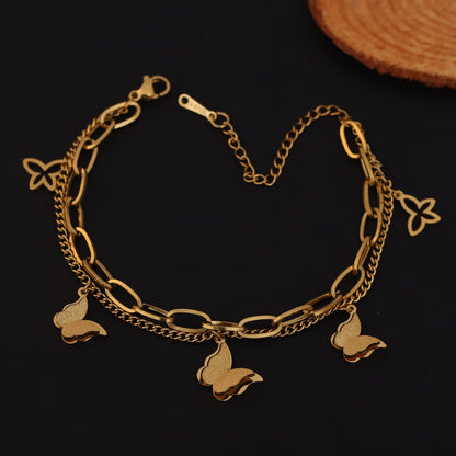 Butterfly Charms Chain Bracelet Gold Plated – Double Layer, Anti-Tarnish, Waterproof, Minimalist Style (GOLD)