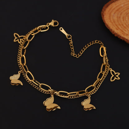 Butterfly Charms Chain Bracelet Gold Plated – Double Layer, Anti-Tarnish, Waterproof, Minimalist Style (GOLD)